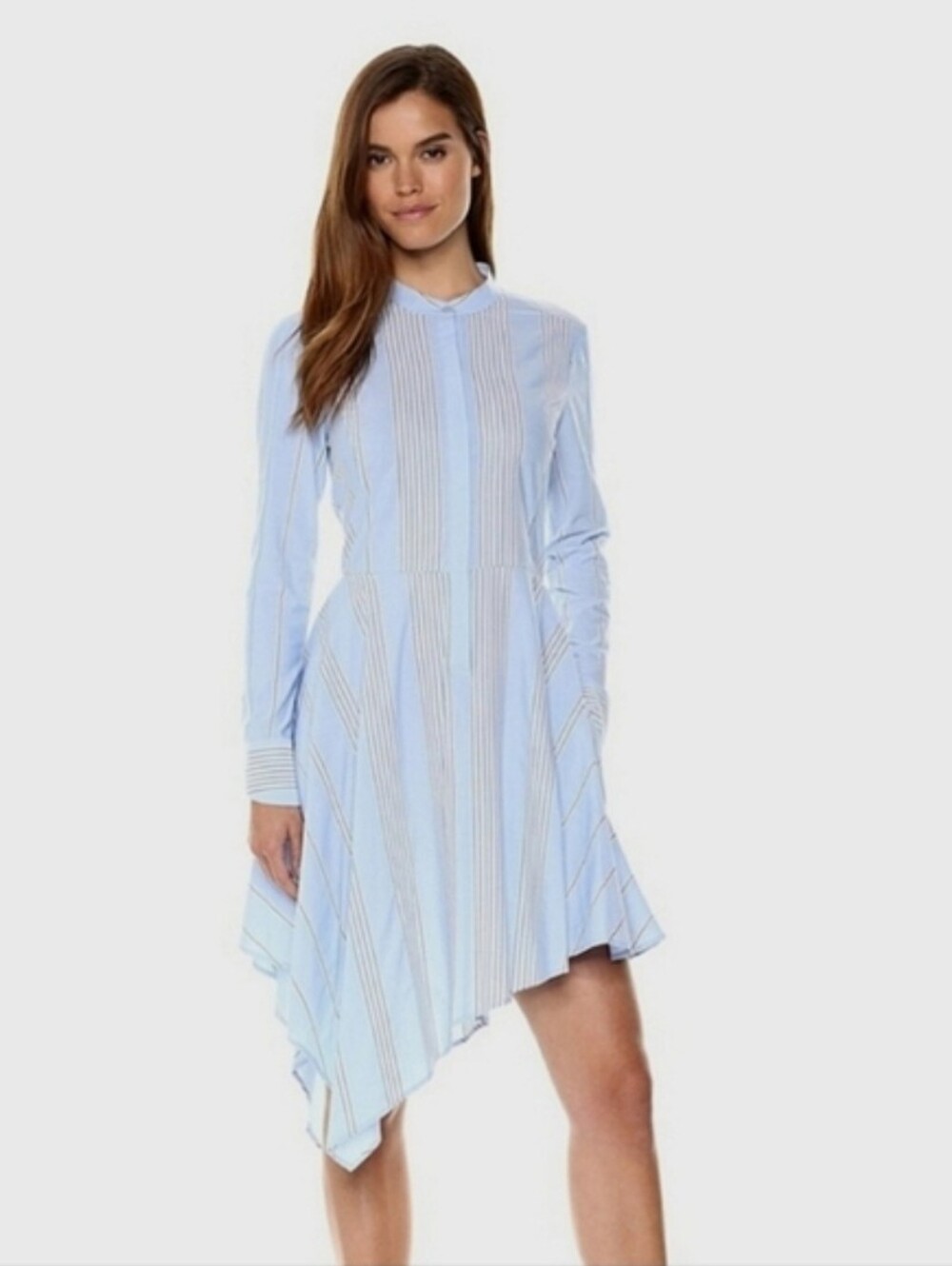 BCBG Maxazria Light Blue Striped Asymmetrical Button-Front Shirt Dress
